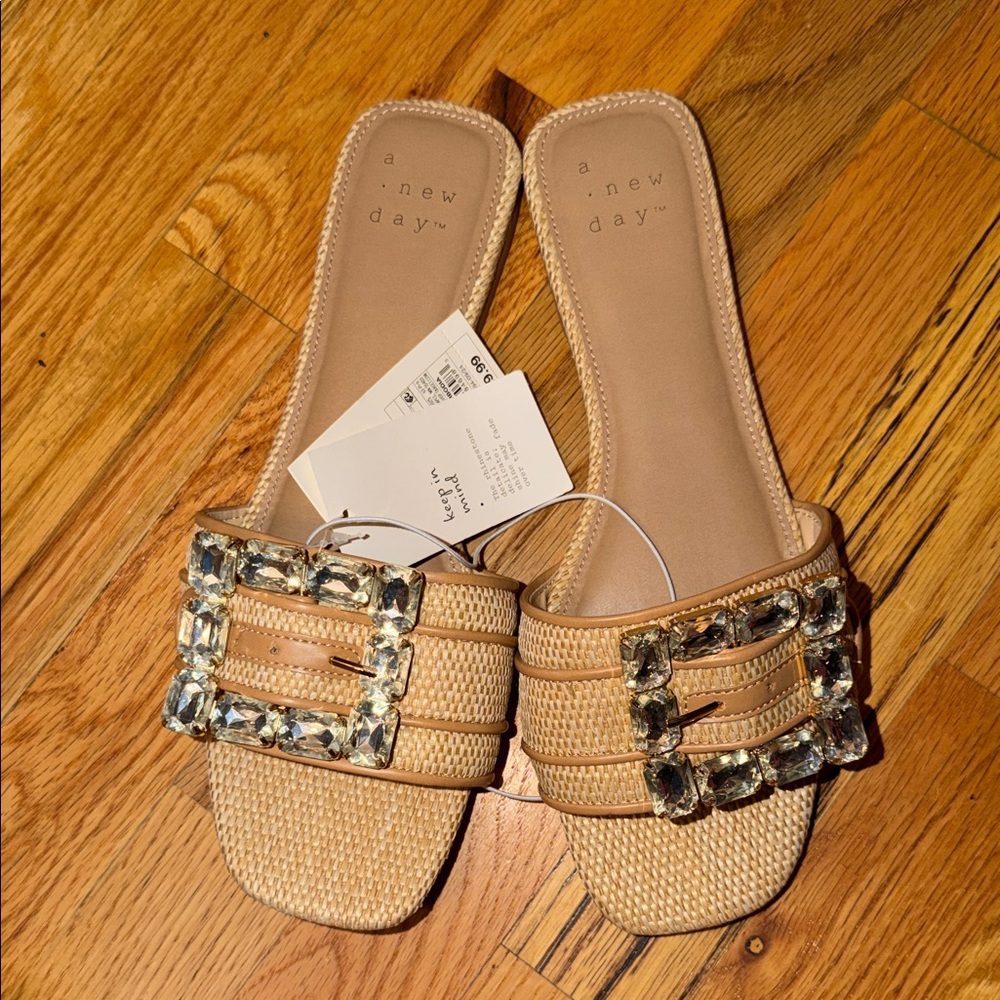 a new day Beige Jeweled Buckle Woven Slide Sandals